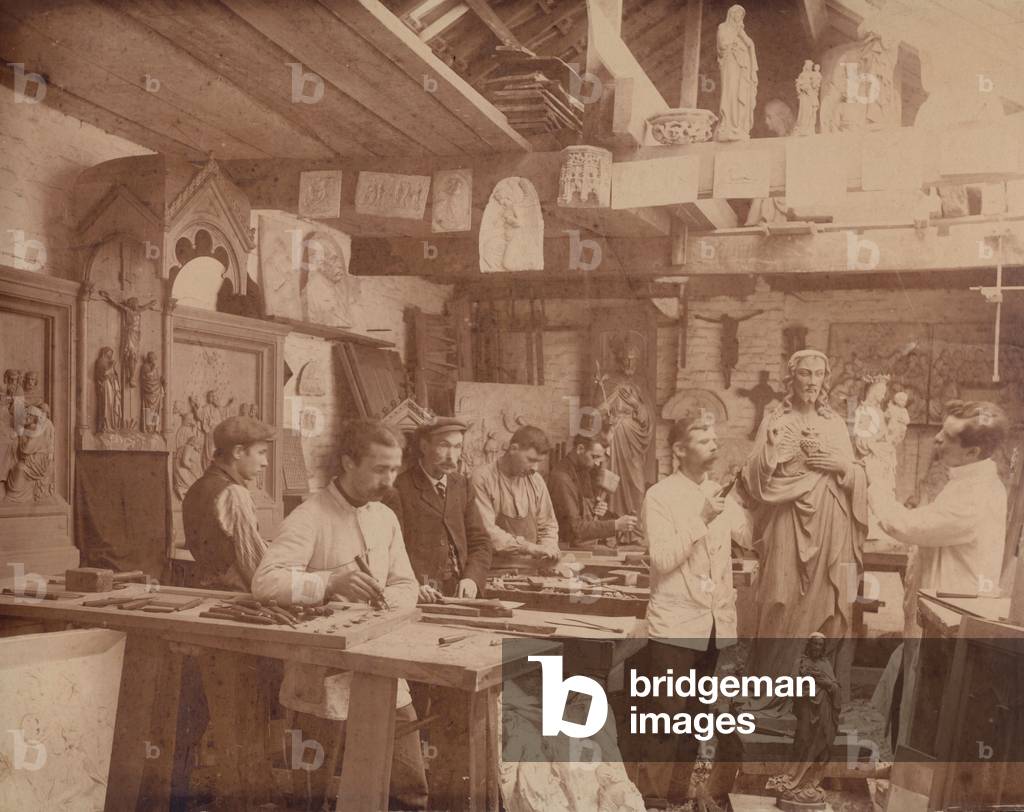 Religious art workshop, France, c.1900 (sepia photo)