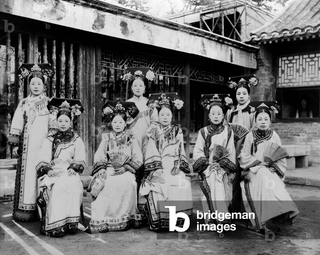 Manchu Ladies of the Palace being warned to stop smoking, China, c.1910-1925 (b/w photo) 