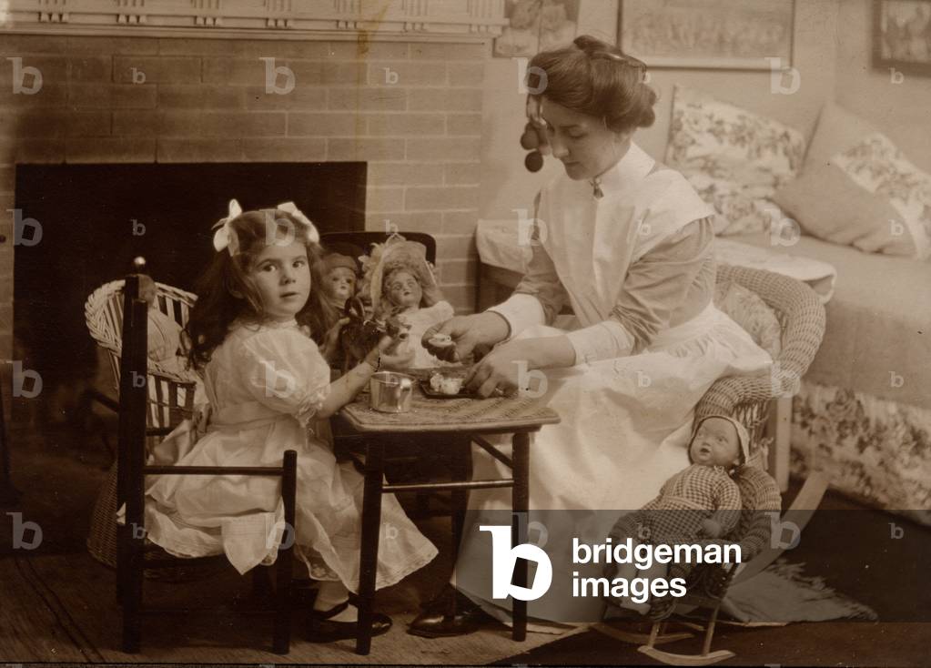 Doll's tea party, c.1890 (b/w photo)