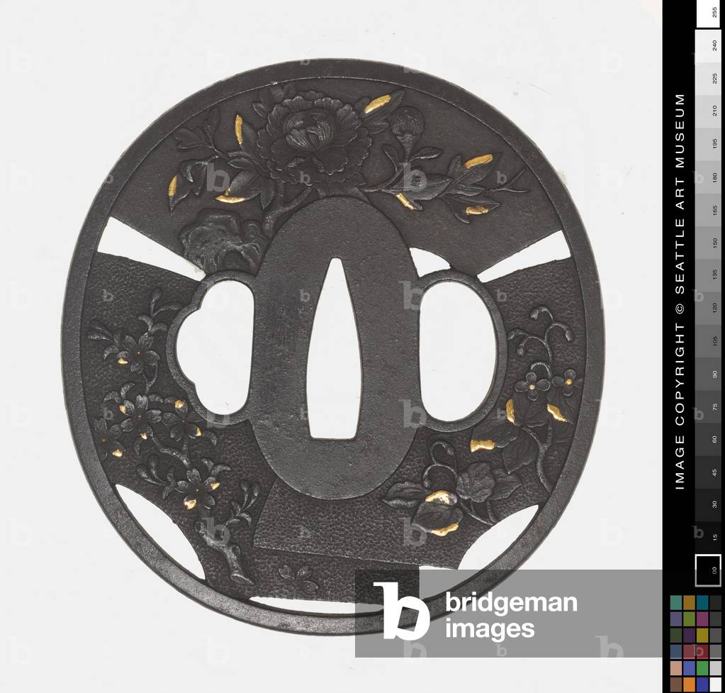 Tsuba: Chrysanthemum, Cherry, Iris, 18th century (Iron)