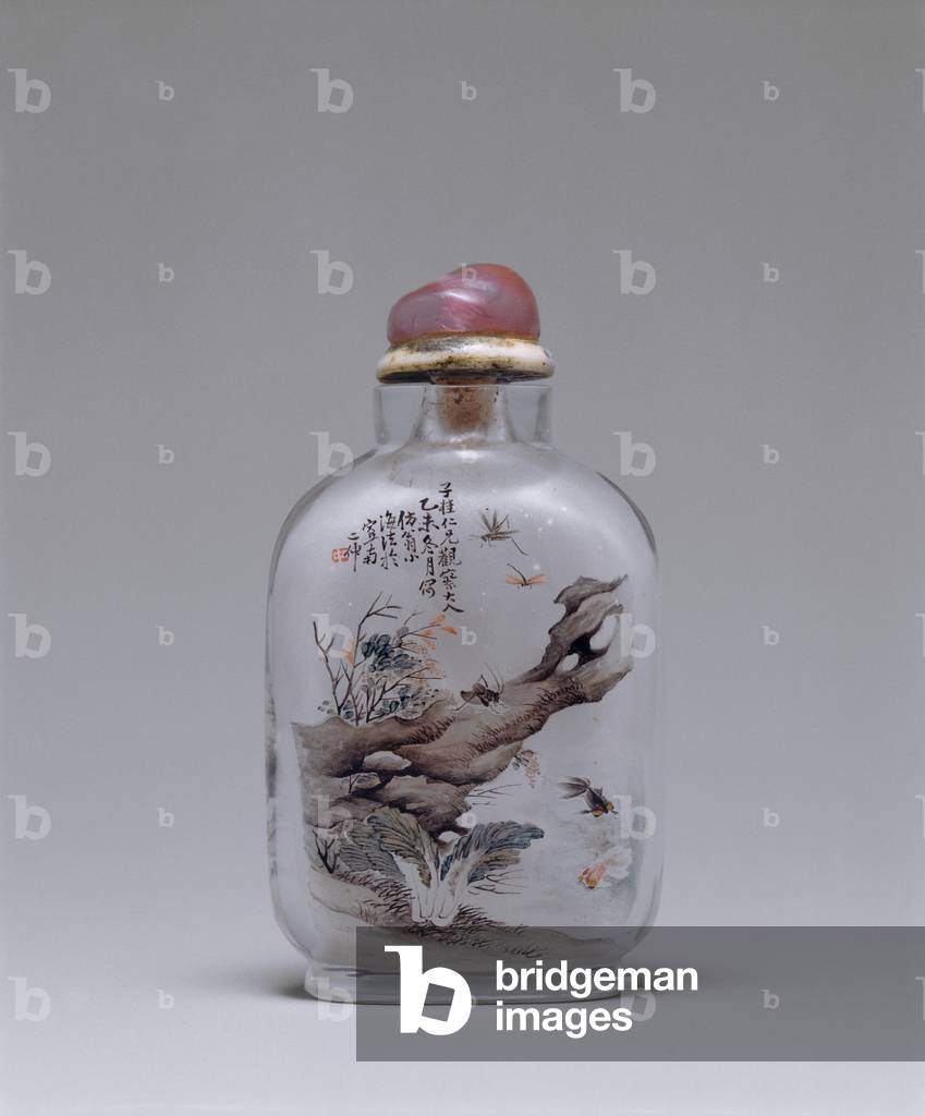 Inside-painted snuff bottle with donkey rider
in wintry landscape, 1895 (Rock crystal and paint, pink glass stopper
with walrus ivory collar)