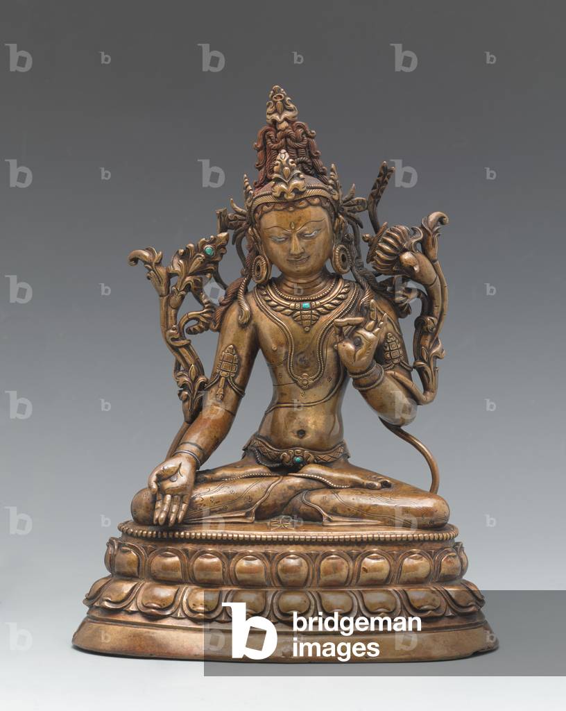 Bodhisattva Manjushri, late 13th - 14th
century (Copper alloy with silver and turquoise)
