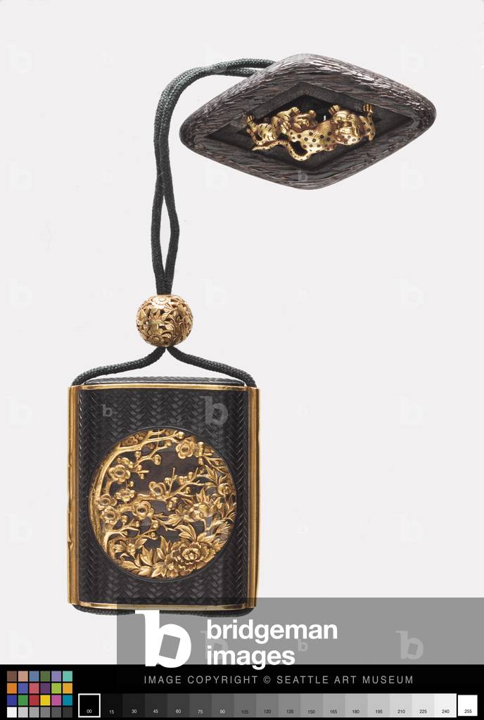 Inro with floral designs, ojime, and netsuke,
18th-early 19th century (bronze, silver, wood, gold, and ivory)