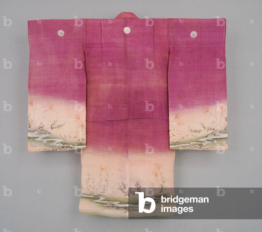 Child's kimono, 19th century (Bast fiber (asa) cloth with freehand
paste-resist decoration (tsutsugaki) and
handpainting)