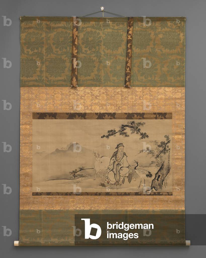 Jurojin and Deer, 1673 (Hanging scroll: ink and colour on silk, ivory
knobs)