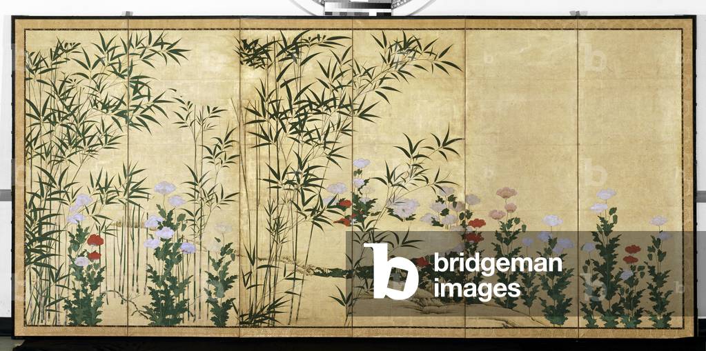Bamboo and Poppies, early 17th century (Pair of six-panel screens; ink, colour and gold
on paper)