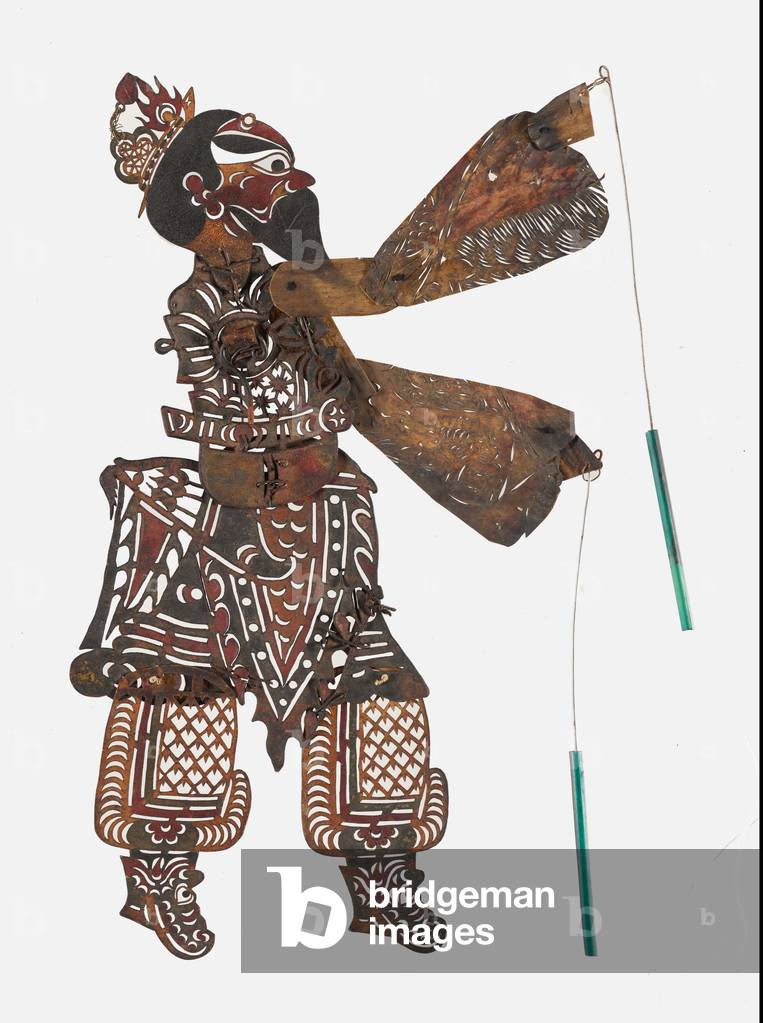 Shadow puppet, late 19th - early 20th
century (leather, paint, wood, and wire)