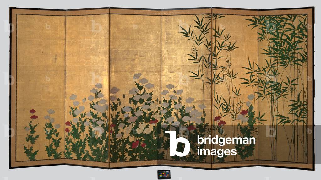 Bamboo and Poppies, early 17th century (Pair of six-panel screens; ink, colour and gold
on paper)