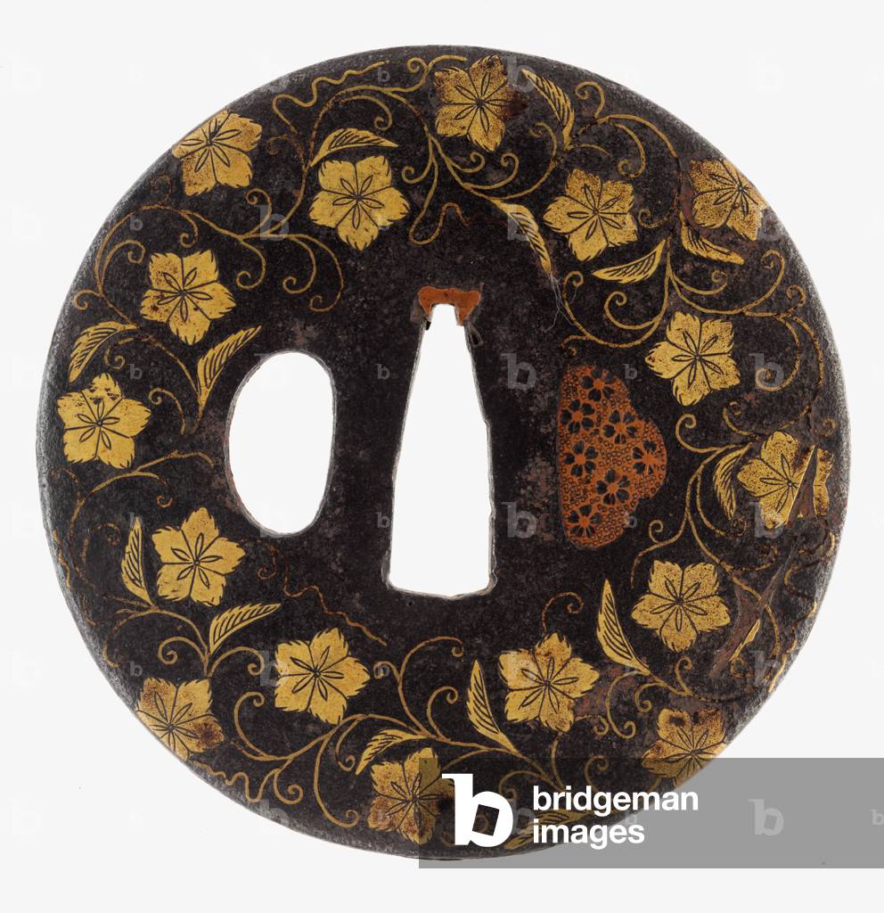 Tsuba: Floral Scrolls, 11th century (Iron, brass, gold, and copper)