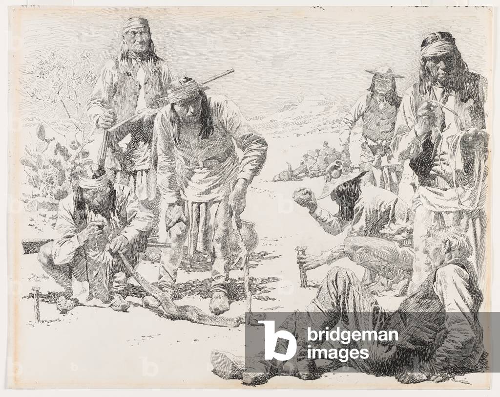 The Assistant Was Held Down With A Forked Stick While A Buck Bound His Tail To A Driver Picket, For “Whistling Sandy,” By Roy Norton, In Everybody’s Magazine, August 1906 (ink)