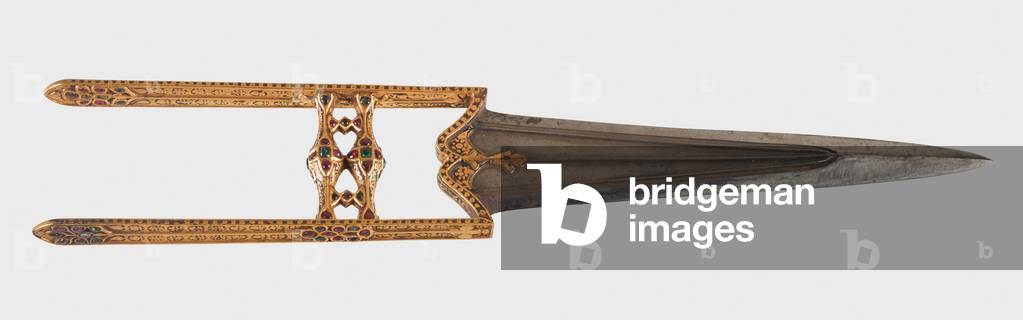 Katar (punch dagger) with sheath, ca.
1700-1900 (Steel and steel with overlaid gold; rubies,
emeralds set in gold; sheath of cotton with
silk and metal-wrapped thread embroidery)