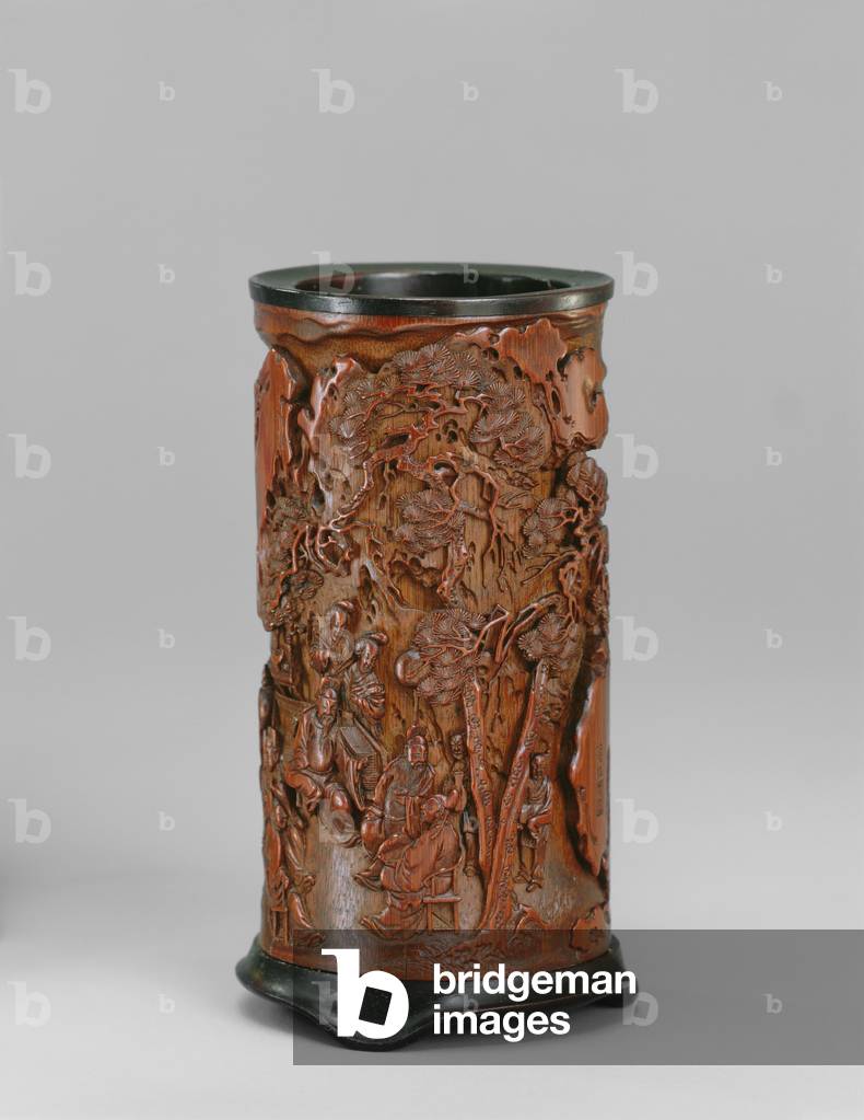 Brush pot (Bitong), early 18th century (Bamboo, with teak base and lip)