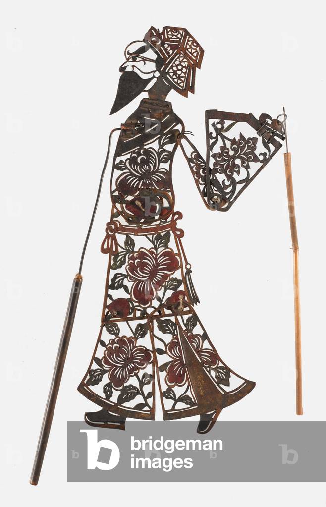 Shadow puppet, late 19th - early 20th
century (leather, paint, wood, and metal)