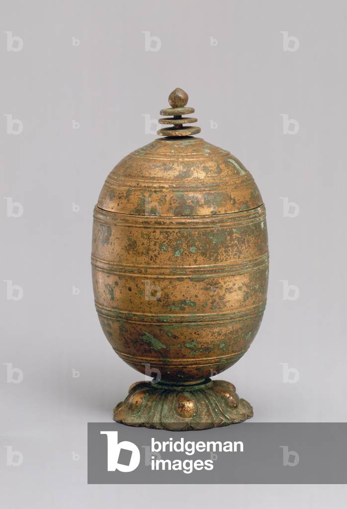 Stem bowl with stupa-shaped cover, 8th
century (gilded bronze)