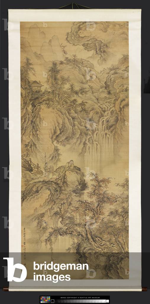 Landscape with figures, bees and monkeys, 1712 (ink and colour on silk)