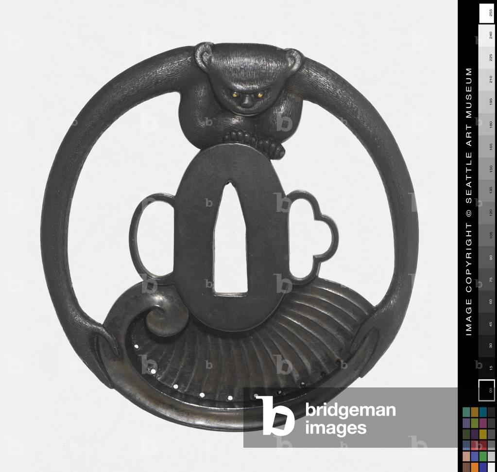 Tsuba: Monkey Holding Shell, 18th century (Copper alloy and gold)