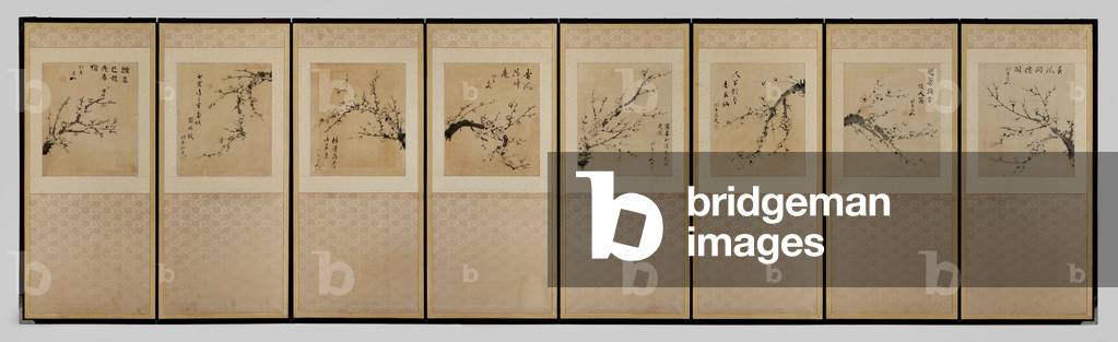 Plum Blossoms and Poems, 19th century (Eight panel screen: ink on paper)
