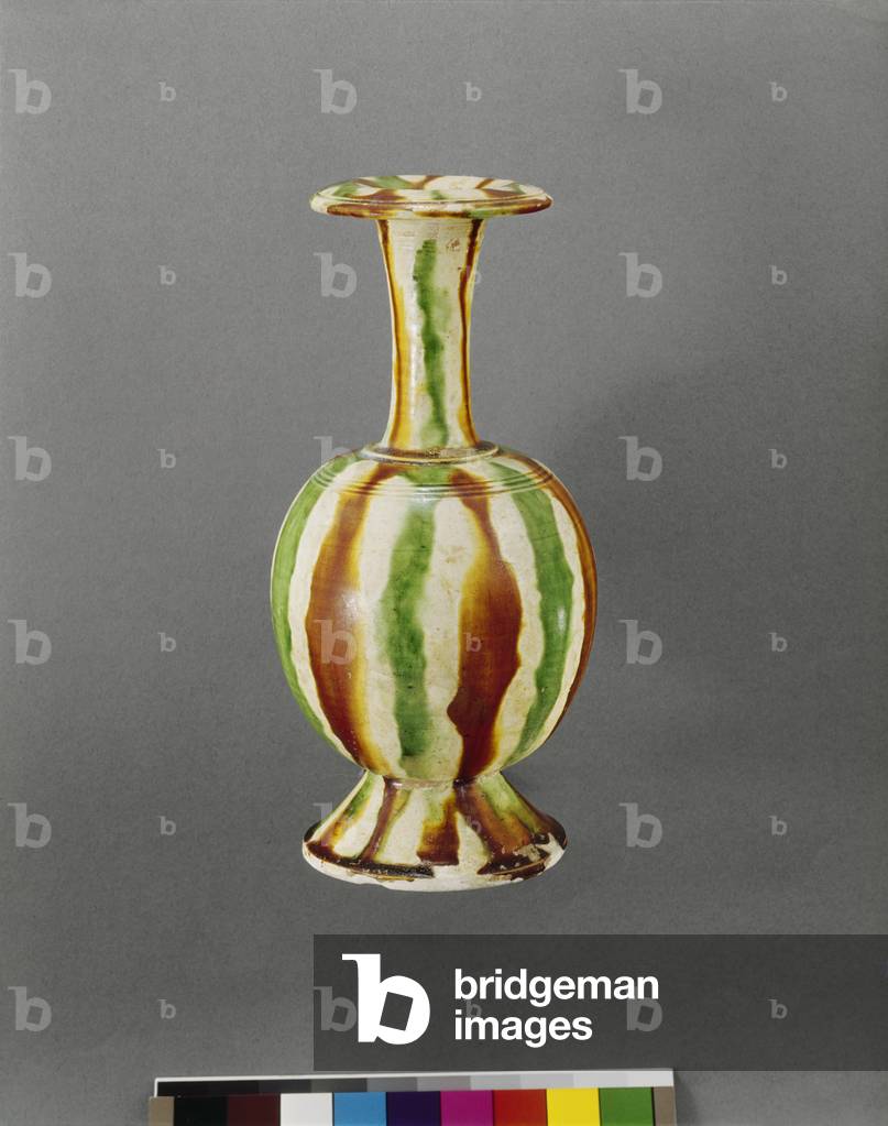 Vase, 8th century (earthenware with sancai polychrome glaze
on white slip)