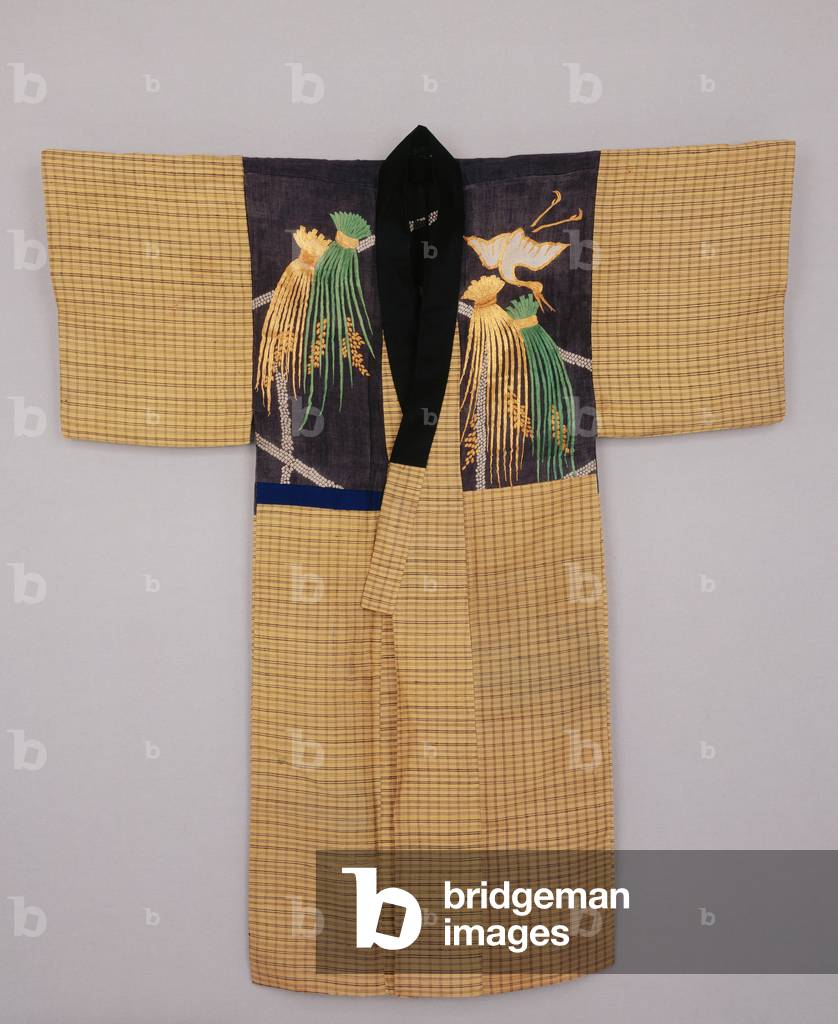 Kimono, Yoke: late 18th and Body: early
20th century (Yoke: bast fiber (asa) cloth with metallic
thread couching and silk thread embroidery
Body: silk cloth with woven plaid pattern
(koshi))
