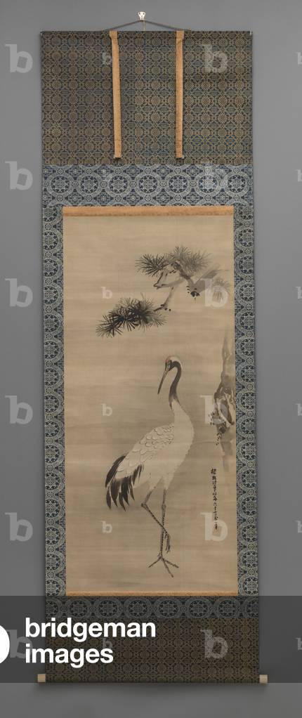 Crane and Pine Tree, 1668 (Hanging scroll: ink and colour on silk, ivory
knobs)