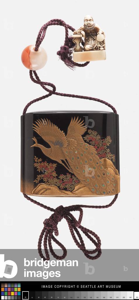 Inro decorated with peacock, ojime, andnetsuke, 19th century (Lacquer, agate, and ivory)