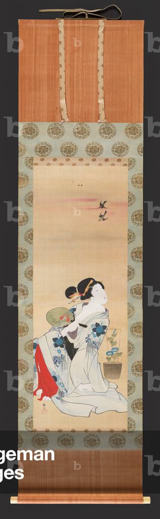 Beauty Holding a Fan Seated beside a Pot
of Morning Glory, c.1830-44 (ink and colour on silk)