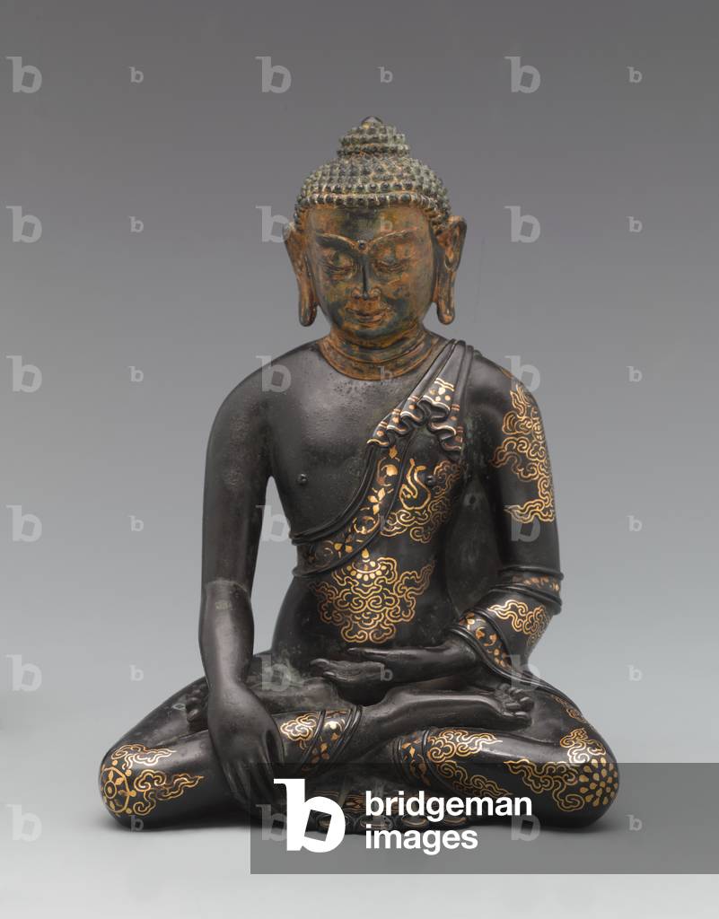 Buddha Shakyamuni, 14th - 15th century (Copper alloy with black lacquer and gold and
silver inlay)