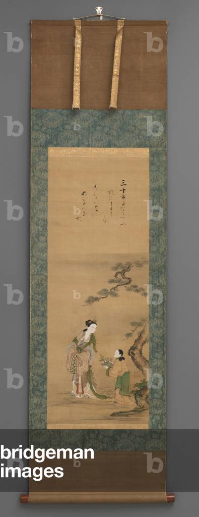 Peach Mother and Attendant by Pine Tree,
early 19th century (w/c with wooden knobs)