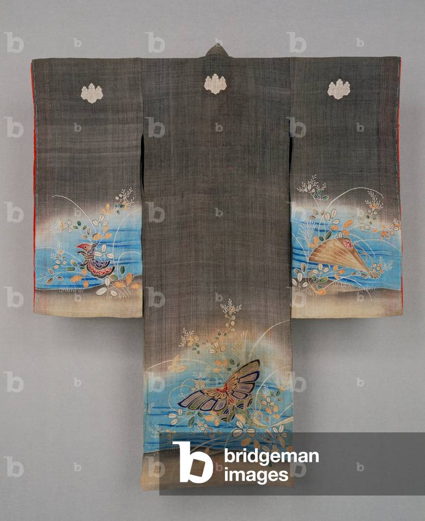 Child's ceremonial kimono, 19th century (Bast fiber (asa) cloth with freehand
paste-resist decoration (tsutsugaki) and
handpainted pigments)