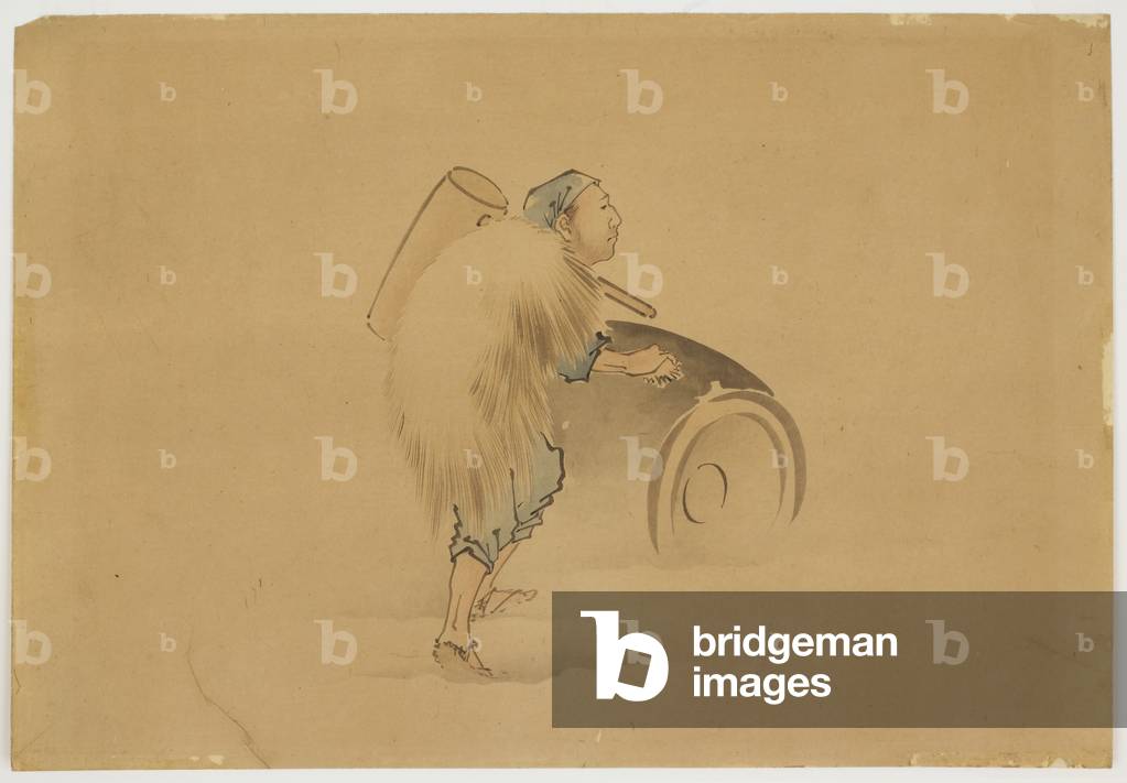 Man with Mallet Rolling Barrel, c.1850 (ink and colour on paper)