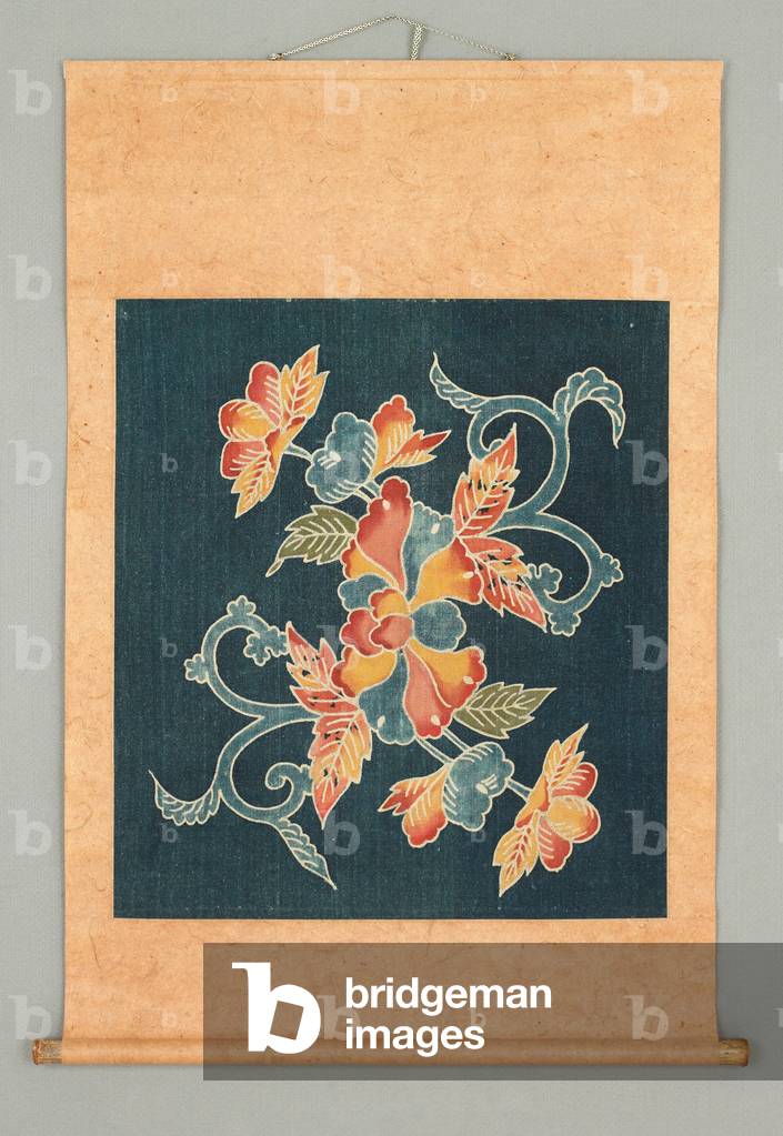 Wrapping cloth (uchikui) mounted as a
hanging scroll, early 20th century (Cotton fabric (tsutsugaki))