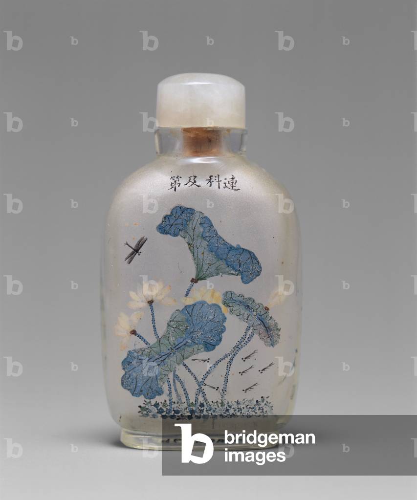 Inside-painted snuff bottle with blossoming
lotus, 1914 (Rock crystal and paint, jade stopper)