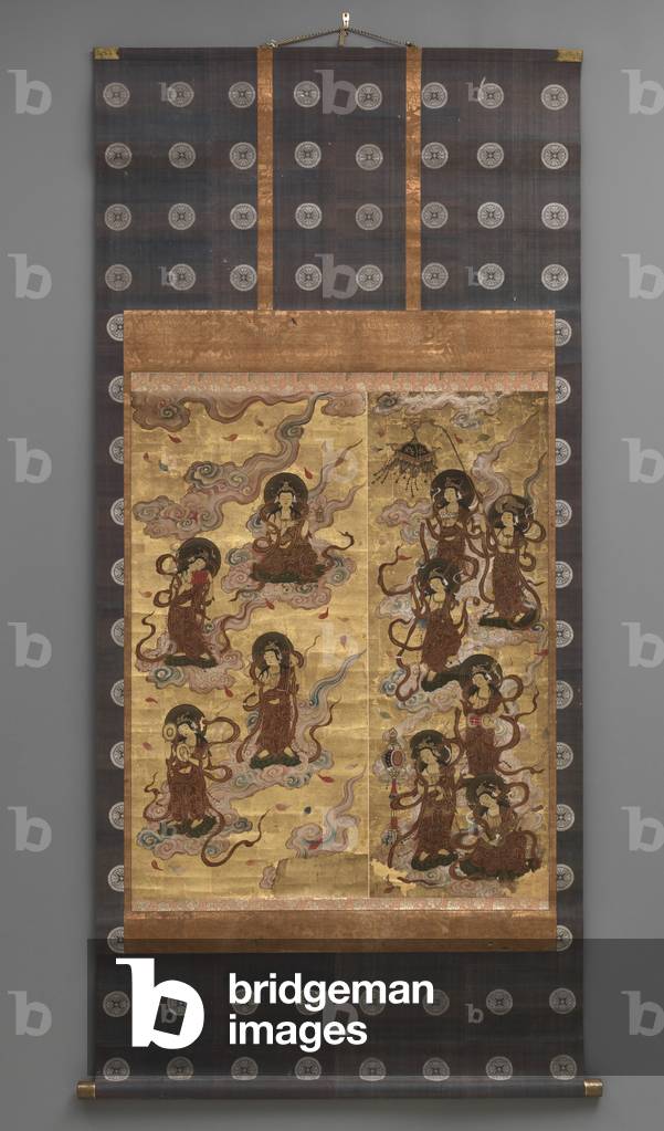 Mural painting: Descent of twenty-five
bodhisattvas (attendants of Amitabha triad),
18th century (Triptych hanging scrolls: ink, colour and gold
leaf on paper, brass)