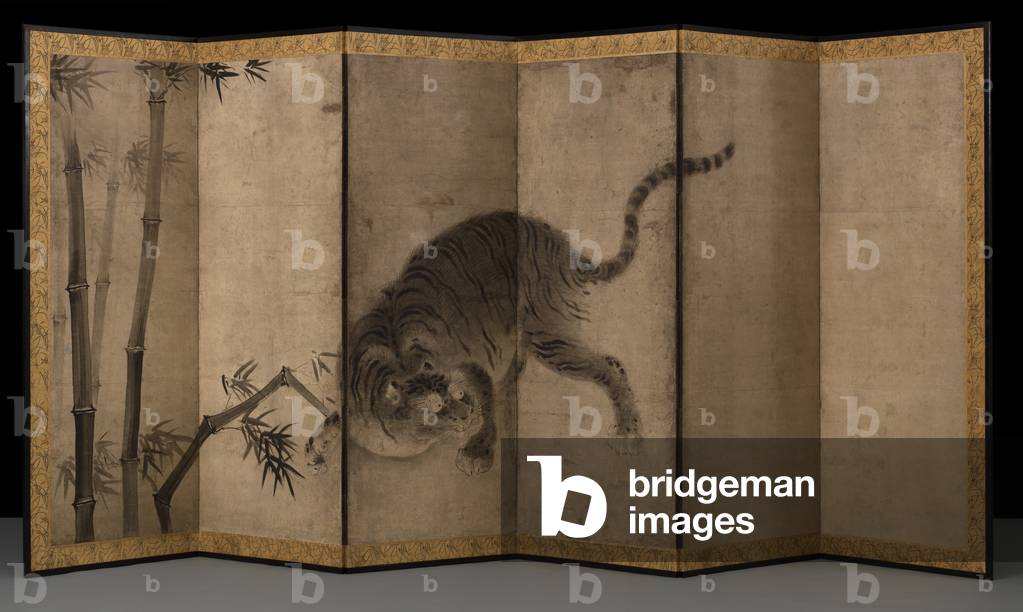 Tiger and bamboo, early 17th century (Six-panel screen; ink on paper)