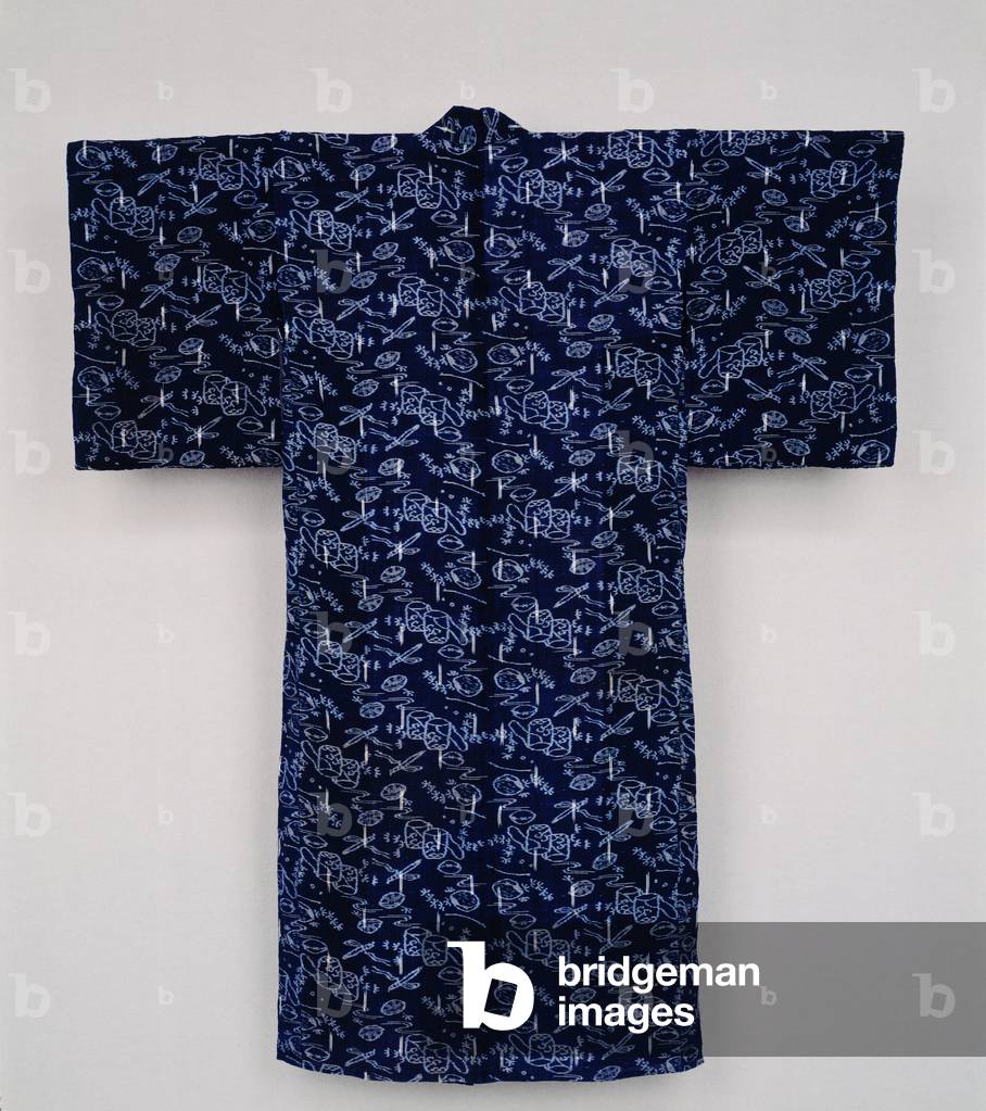 Kimono, late 19th - early 20th century (Bast fiber (asa) cloth with weft ikat
(yokogasuri or e-gasuri) and warp ikat
(kasuri))