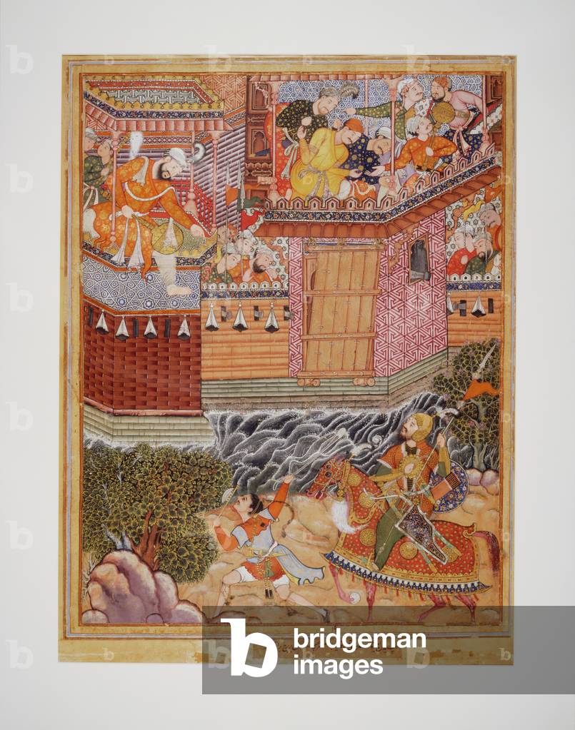 Hamza and Umar exchange insults with
Ghazanfar and challenge him to battle
outside the fortress of Armanus, c.1570 (Opaque w/c, ink and gold on cloth
with paper backing)