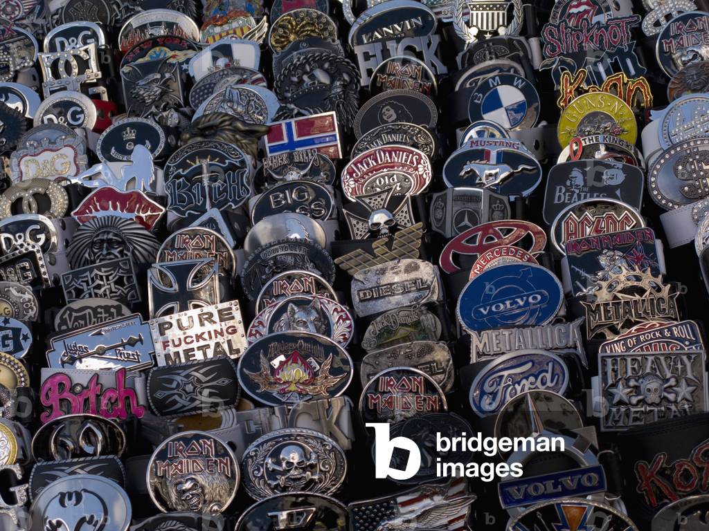 Belt buckles on a market stall in Oslo