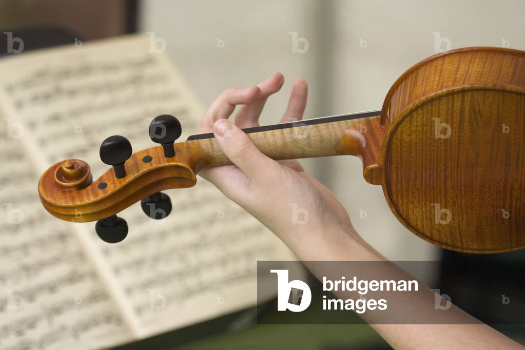Left hand and arm of young woman playing a violin