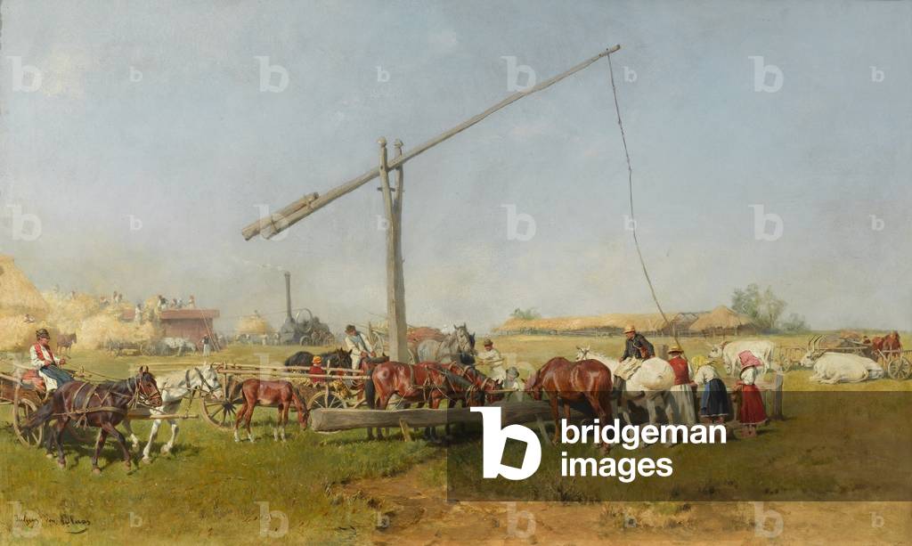 Taking the horses to water (oil on panel)