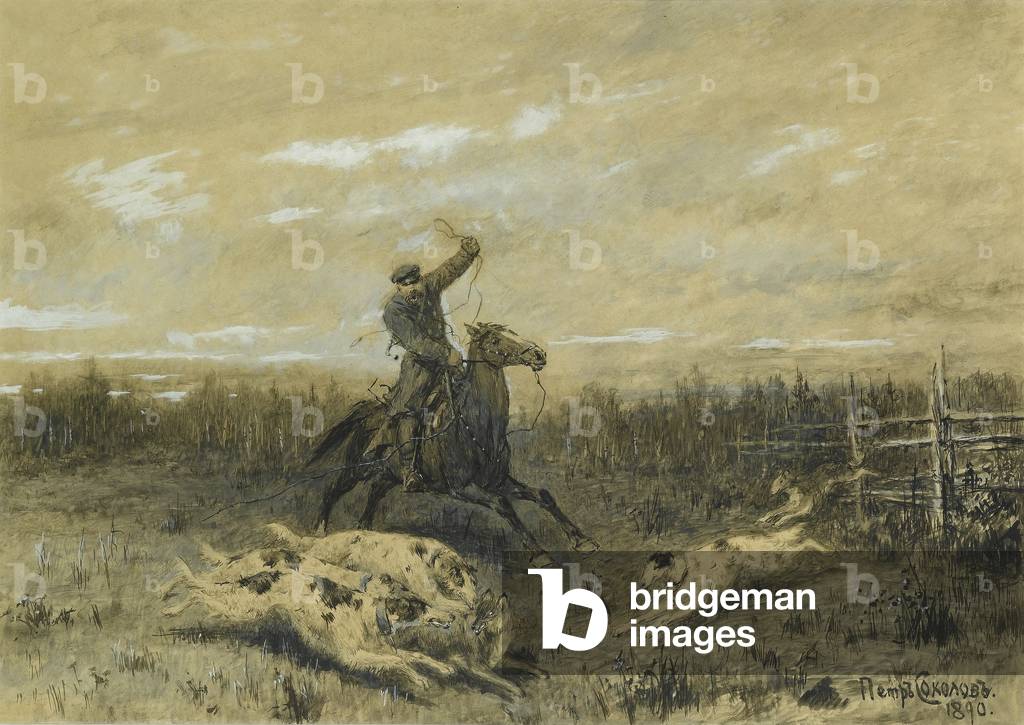 Hunting with Borzoi, 1890 (pen, brush & black ink and gouache on paper)