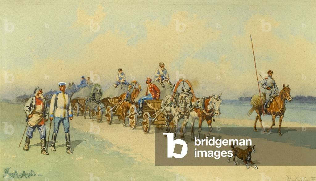 Immagine di Disegno "Soldati che tornano a casa (matita e acquerello con aggiunta di bianco su carta)" di Ivan