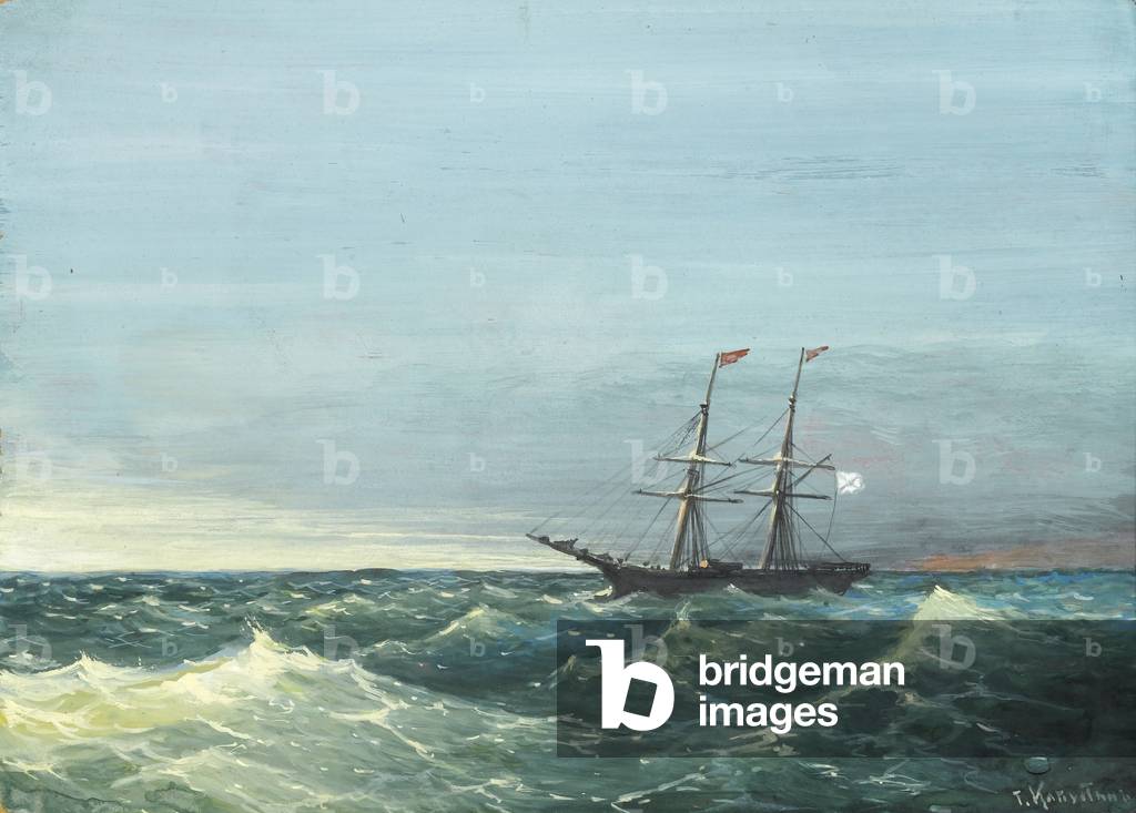 A Russian merchant brig in rough seas (w/c & bodycolour on paper)