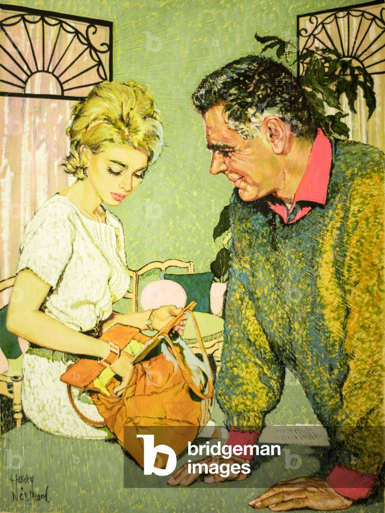 Magazine illustration of a father and daughter, c.1950-60 (poster colour on board)