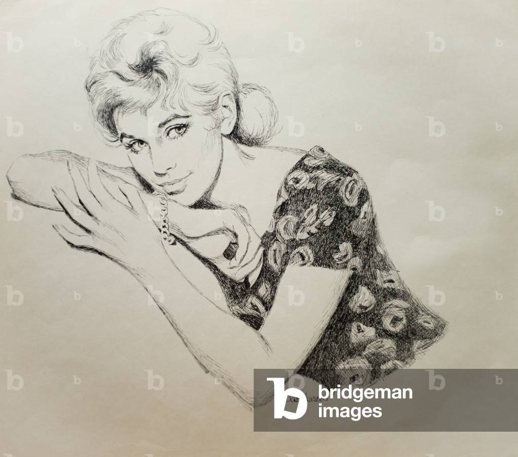 Magazine illustration of a blonde woman, c.1958-60 (pen & ink on paper)