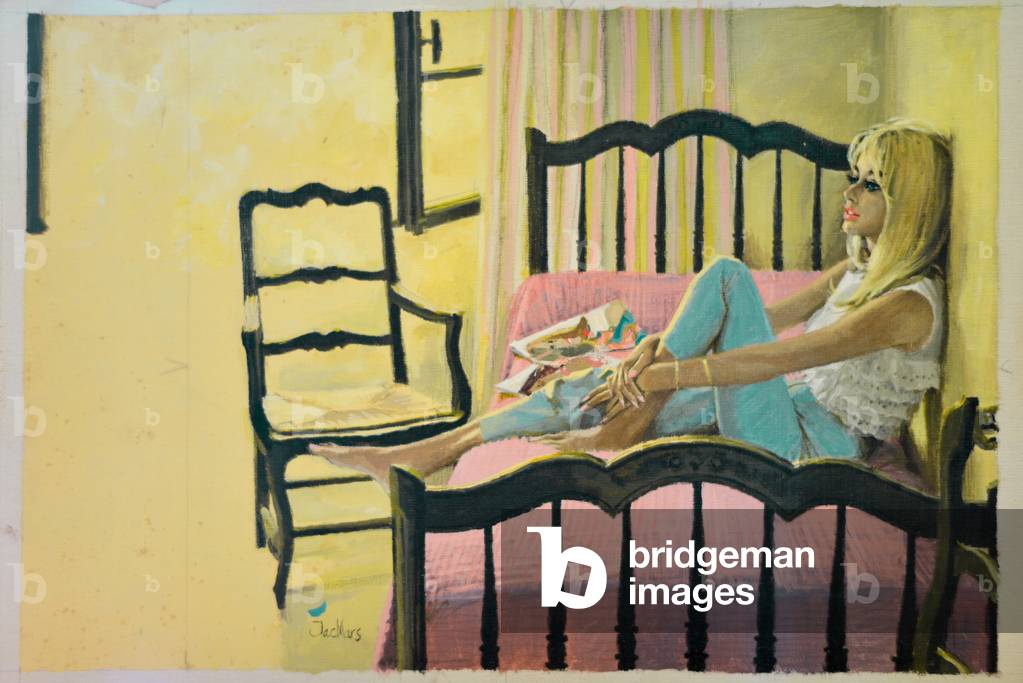 Magazine illustration of a girl on a bed, c.1960-65 (poster colour on board)