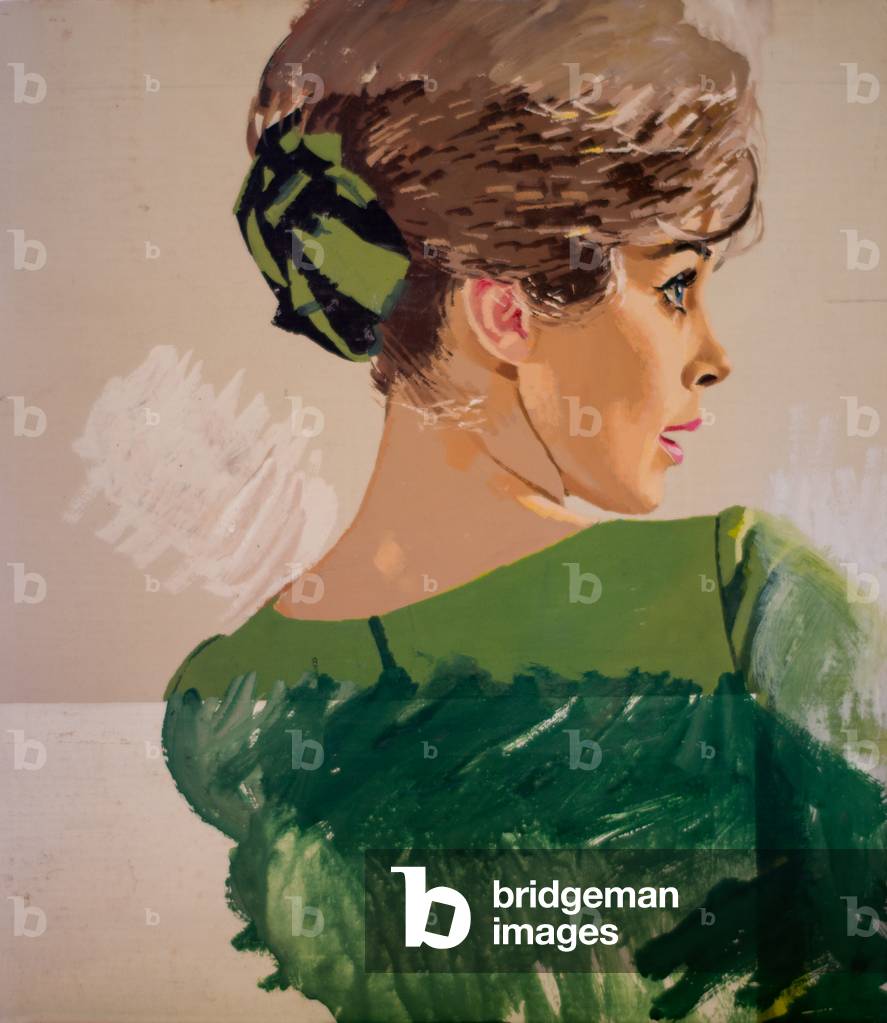 Magazine illustration of a woman in a green dress, c.1950-56 (poster colour on board)