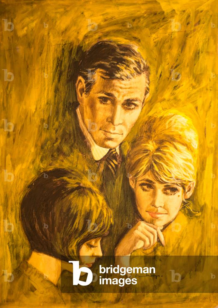 Magazine illustration of two women and a man, c.1958-65 (oil on board)