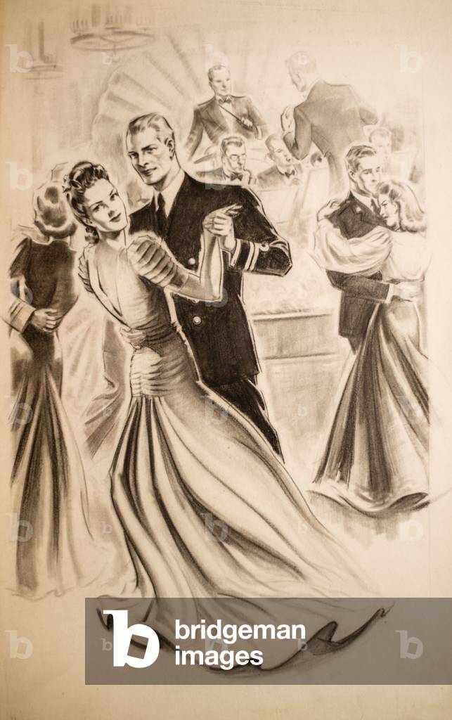 Magazine illustration of a couple dancing, c.1939-45 (charcoal & ink wash)