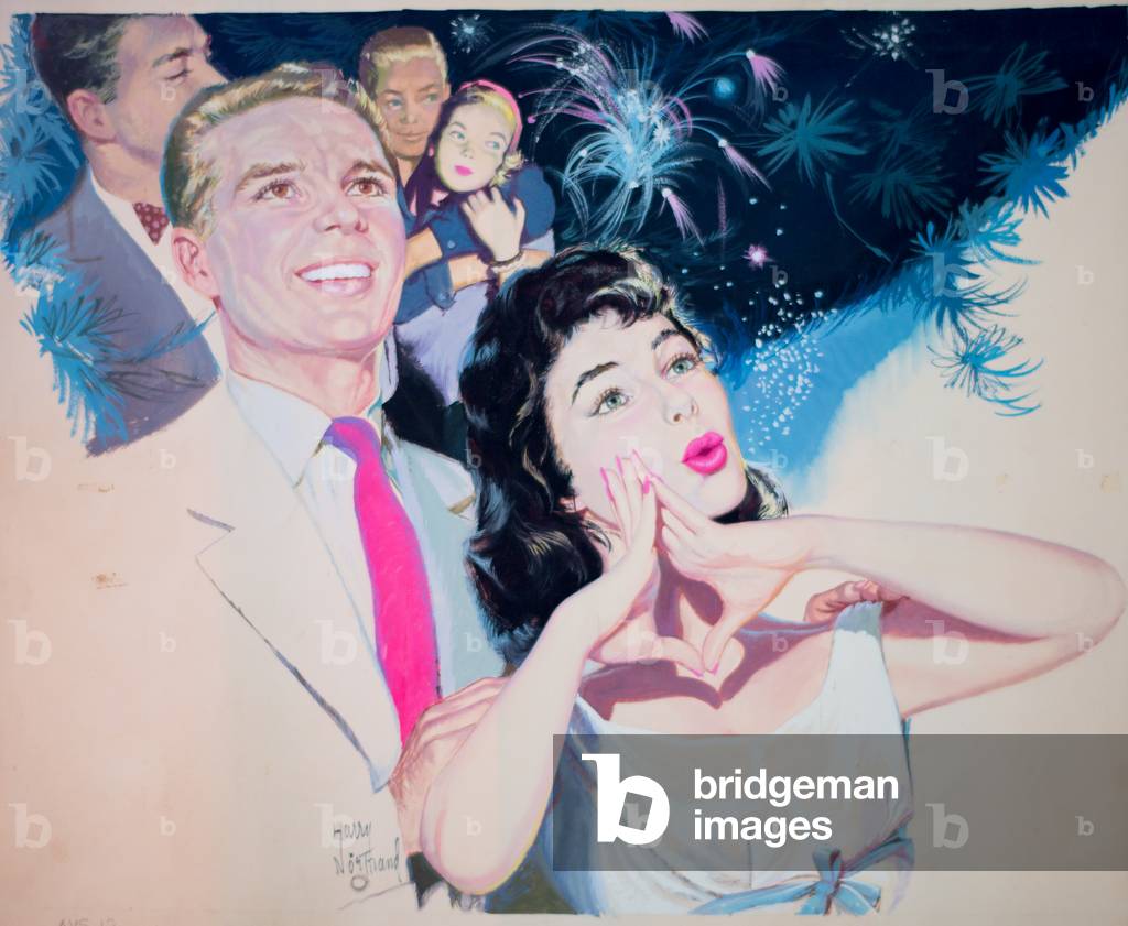 Magazine illustration of a couple watching fireworks, c.1955 (poster colour on board)