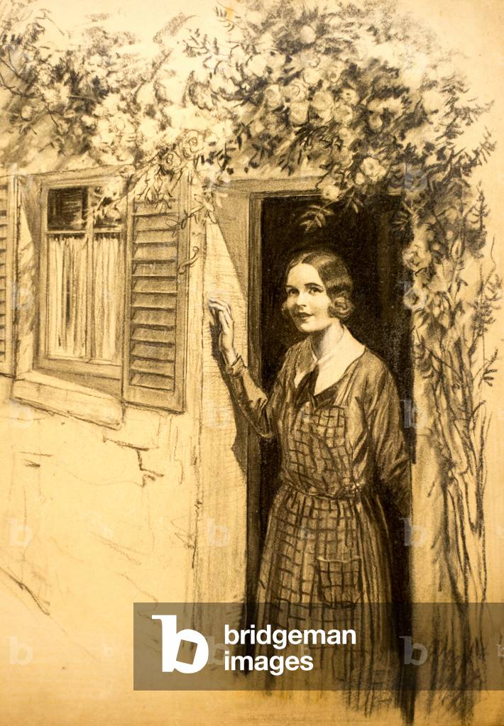 Magazine illustration of a girl in a doorway, c.1920-35 (charcoal & ink wash)